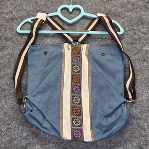 CaiYunYinJi Backpack Bag Womens Medium Blue Canvas Boho Embroidered Floral